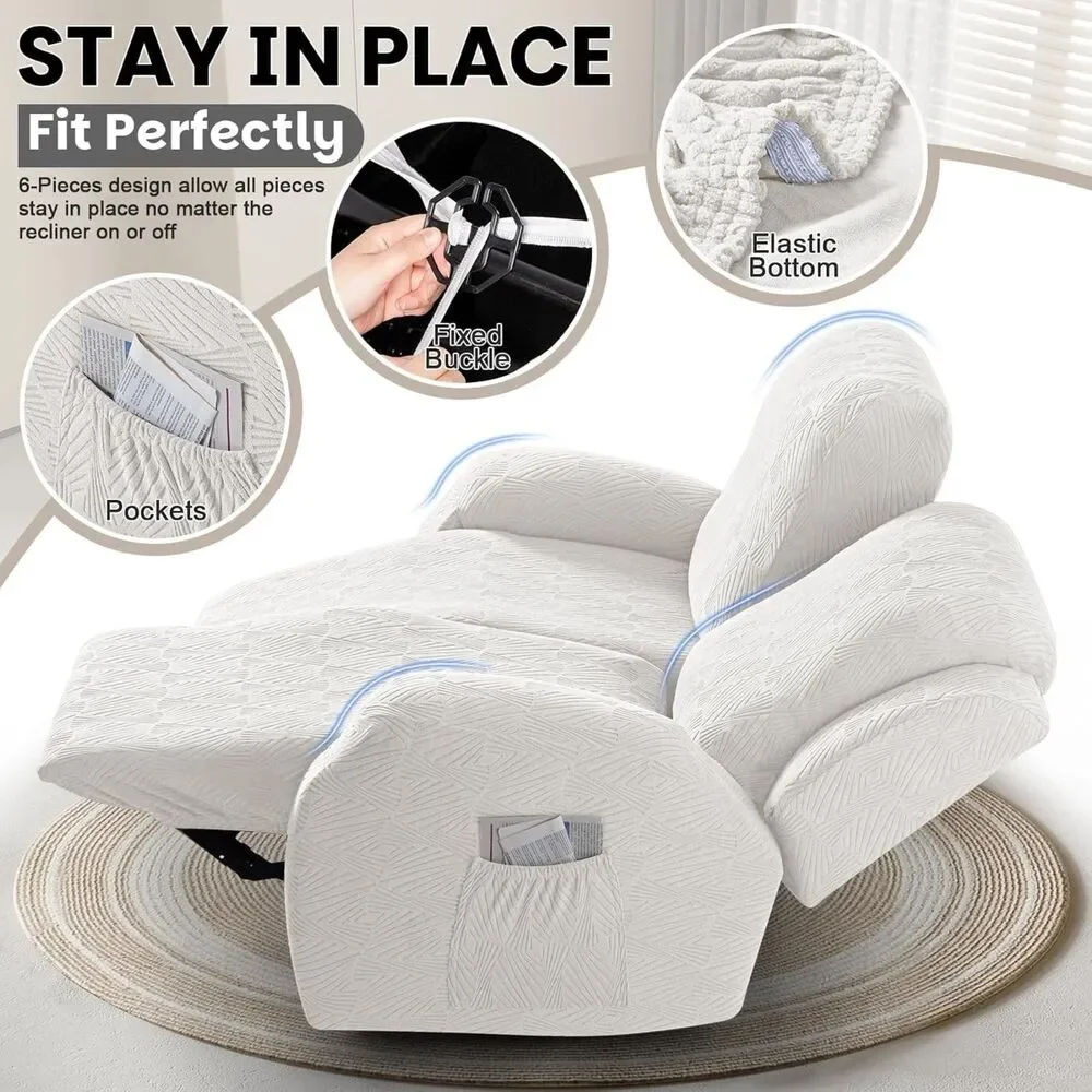 2 Seat Recliner Loveseat Cover, 6-Pieces Stretch Slipcover (Porcelain White)